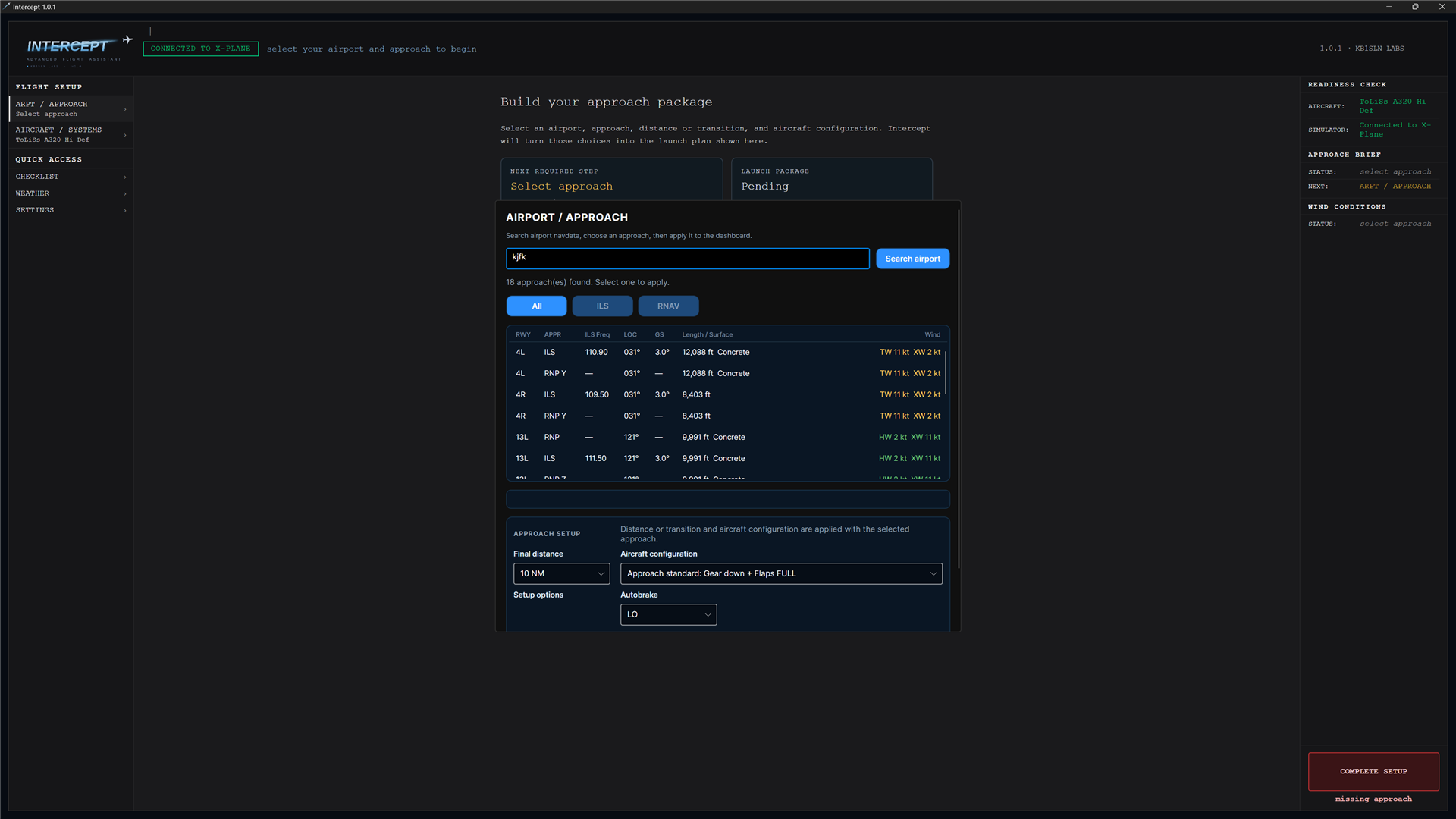 Searching KJFK and choosing from 18 ILS and RNP approaches, with runway lengths and current winds