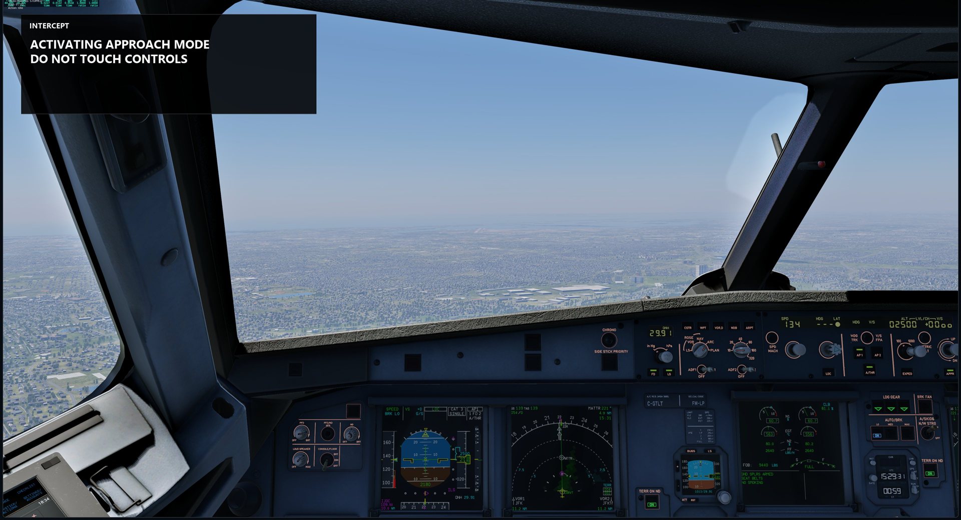 The in-sim overlay while Intercept sets up: activating approach mode, do not touch controls
