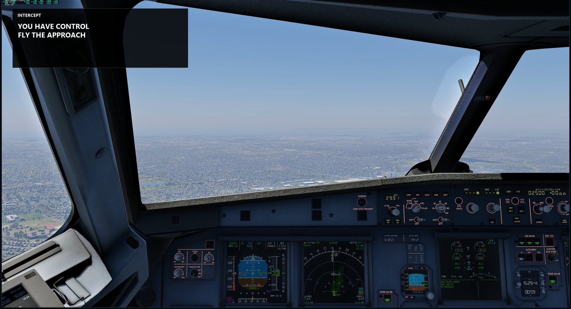 The in-sim overlay at handoff: You have control. Fly the approach.