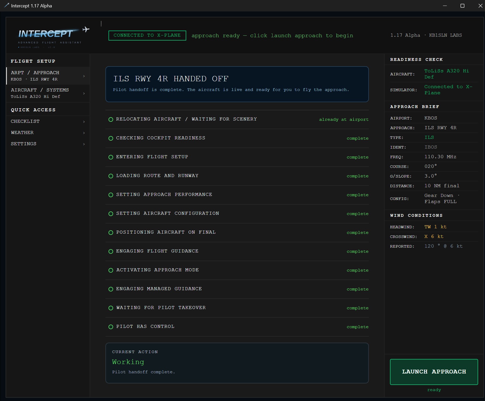 Intercept handoff state with the approach setup complete and the aircraft ready to fly