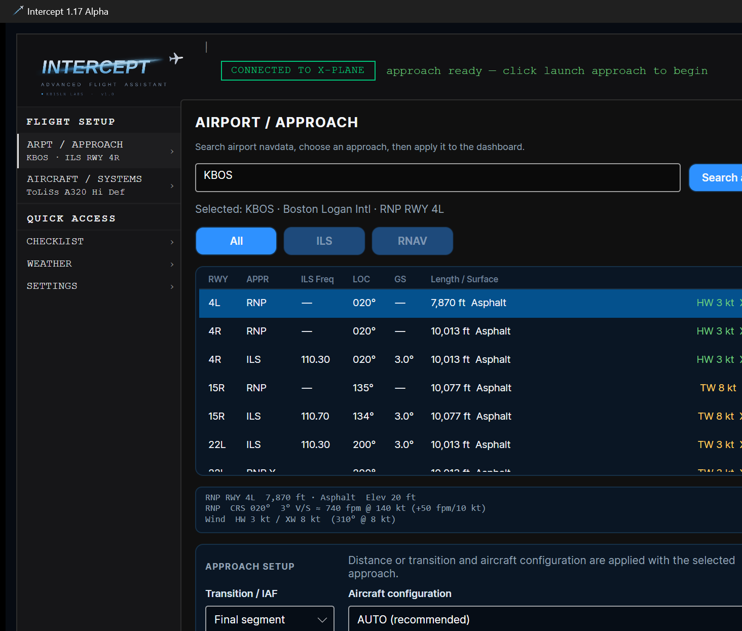 Intercept approach selector showing an RNAV RNP runway 4L with Final segment selected